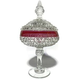 Indiana Glass Covered Candy Dish Large Diamond Point Clear With Red Trim 12"